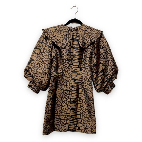 NWT Ganni Jacquard Puff Sleeve Leopard Animal Print Satin Mini Dress Size 2 - Picture 5 of 8
